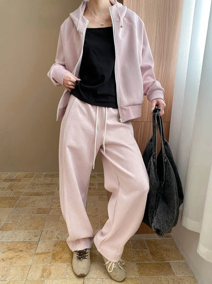 Spring and Autumn Women's Casual Solid Color Loose Hooded Sweatshirt+High Waist Loose Pants Set