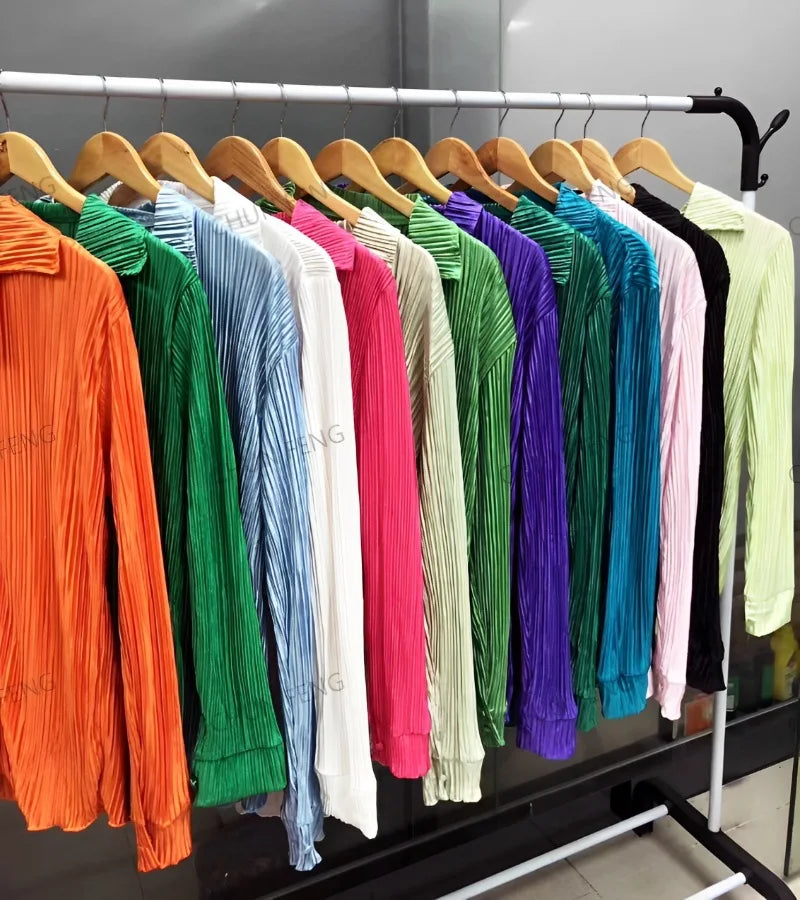 2024 Spring Autumn Women's New Solid Color Button Shirt Long Sleeve Drop Feel Loose Soft Wrinkle Casual Two Piece Set.