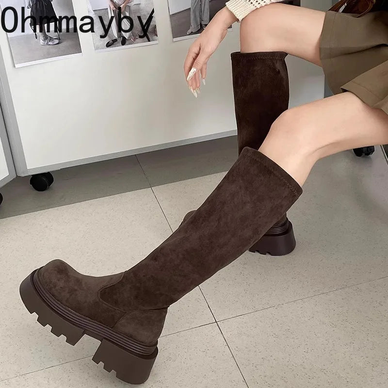 Winter Platform Punk Style Woman Knee High Boot Concise Slip On Elastic Slim Shoes Ladies Thick Bottom Knight Long Booties.