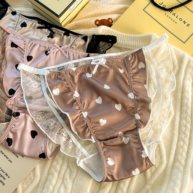 Sexy lingerie women Satin tangas lace ropa interior femenina sweet calzones para mujer plus size panties heart underwear women.