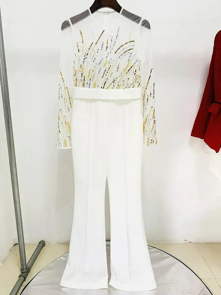 HIGH STREET Newest 2024 Designer Runway Fashion Women's Mesh Splicing Sequin Diamonds Beaded Jumpsuit.