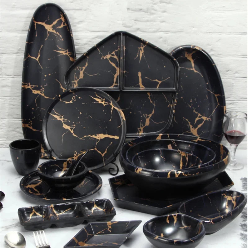 Marble Texture Imitation Melamine Plate BBQ Tableware Cake Fruits plates Snack Tray Outdoor Party Dishes Steak.