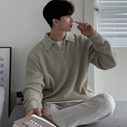 Half Zipper Sweater Men's Autumn and Winter Japanese Retro Korean Lapel Sweater Loose Casual Thread Trend.