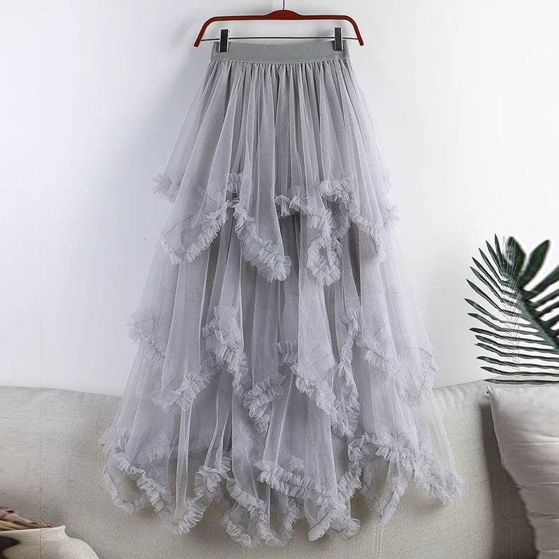 Autumn Winter New 2025 Irregular Cake Tulle Skirt Women Sweet Midi Long High Waist A Line Skirt Female Mesh Party Skirt Lady.