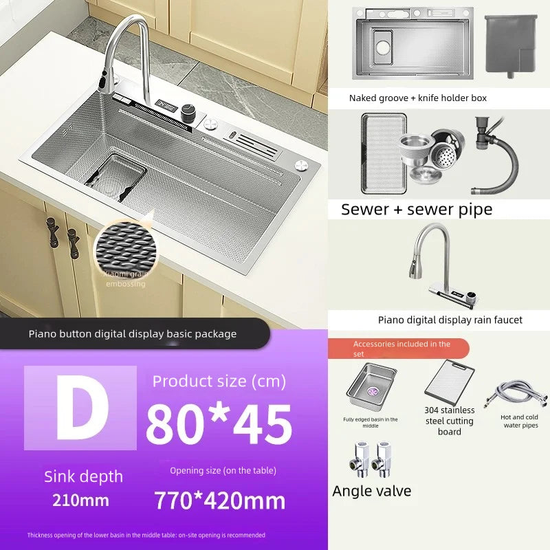 Kitchen Sink Stainless Steel Waterfall Wash Dish Vegetables Basin Multifunctional Smart Digital Display Screen Large Single Slot