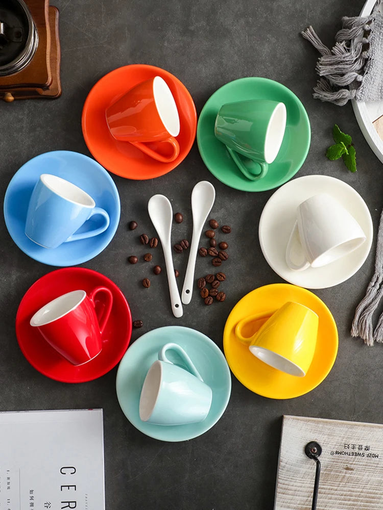 80ml Ceramic Coffee Cup and Saucer Espresso Cups Porcelain Afternoon Teacup Breakfast Milk Mug Cute Pottery Mugs Wholesale.