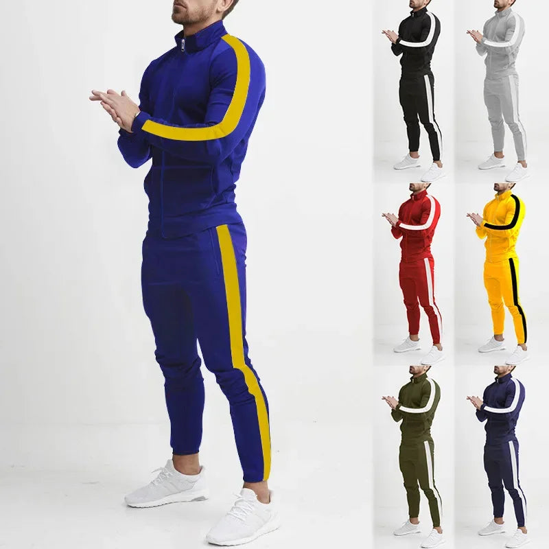 2025 Europe and the United States Spring and Autumn Outdoor New Leisure Men's Sports Suit Color Contrast Outdoor Men's 2 Pieces.