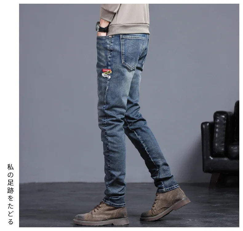 New Men's Vintage Jeans Korean Fashion Slim Little Feet Embroidered Trousers Stretch Male Streetwear Denim Pants.