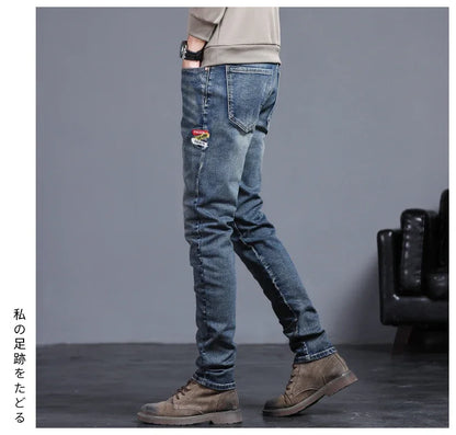 New Men's Vintage Jeans Korean Fashion Slim Little Feet Embroidered Trousers Stretch Male Streetwear Denim Pants.