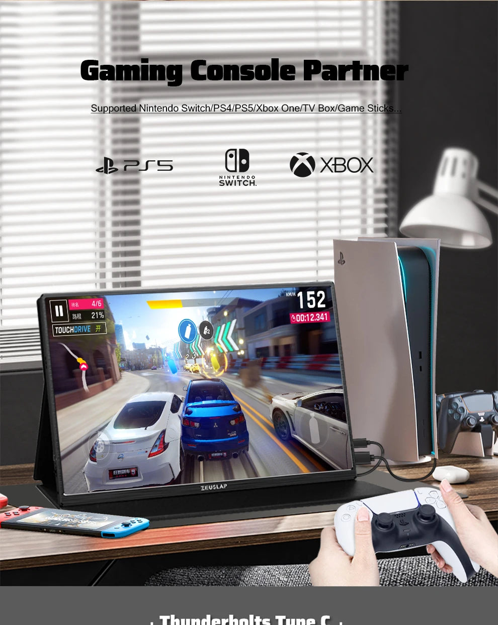 ZEUSLAP 16" 2.5K 144hz Portable Monitor 2560*1600 16:10 100%sRGB 500Cd/m²  Travel Gaming Display for Laptop Switch ps4 ps5 Xbox.