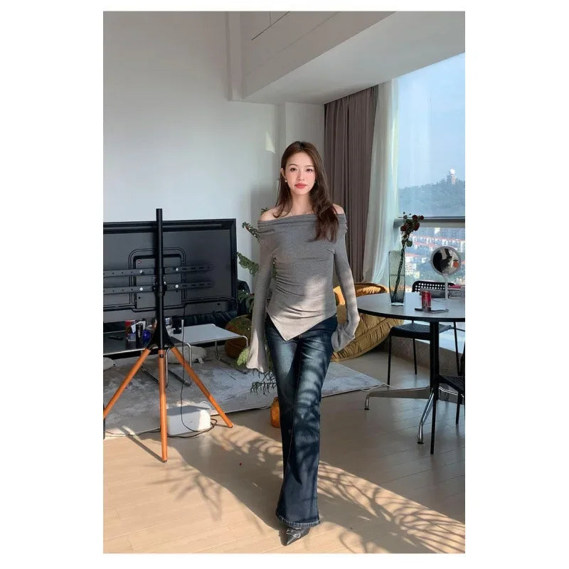 Irregular Waist Pleated Long Sleeve Base Shirt Spring T-Shirt Women's Spicy Girl One Shoulder Top Fashionable Casual Wear.