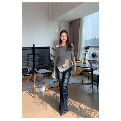 Irregular Waist Pleated Long Sleeve Base Shirt Spring T-Shirt Women's Spicy Girl One Shoulder Top Fashionable Casual Wear.