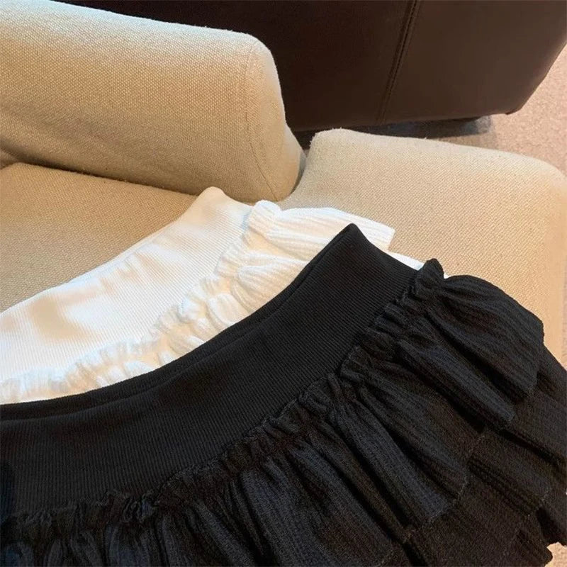 Sweet Puffy Cake Women Skirts Korean Fashion Ruched Ruffle Mini Skirt Campus Harajuku Casual Versatile Elastic Waist Solid Skirt.