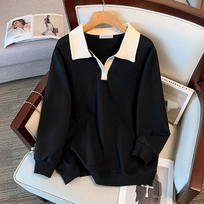 170kg plus size Damen büste Herbst lose Revers Langarm Sweatshirt schwarz rot 6xl 7xl 8xl 9xl 10xl 11xl