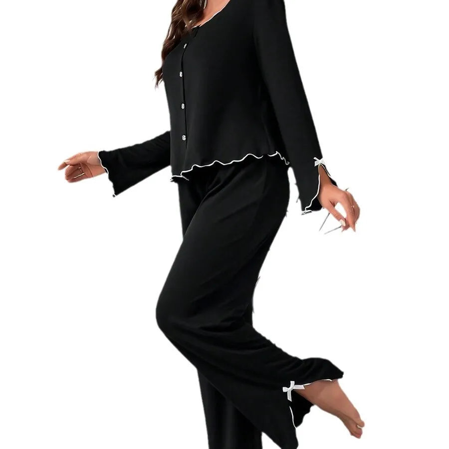 Europe hot-selling new pajamas black fungus edge long-sleeved trousers two-piece set comfortable high-end loungewear.