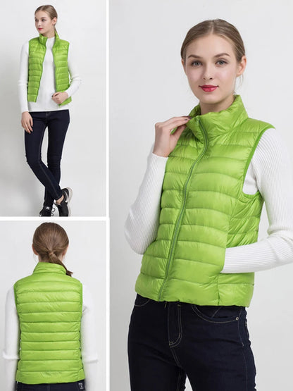0-10 ℃   Frauen Westen Herbst Winter Ultra Licht Ente Unten Weste Weibliche Dünne Ärmellose Jacke Winddicht Warme Puffer Weste 4XL.