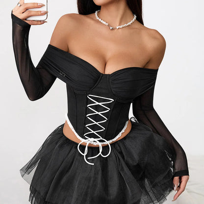One-shoulder Crop Top for Sexy Women Long Sleeve Autumn Corset Button Vest Slim Fitted T-shirt Camisole Party Fishbone Tank Top.