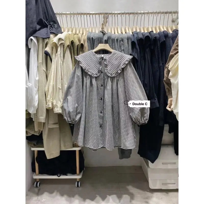 Shirts Women Spring New Plaid Peter Pan Collar Ruffles Loose All-match College Japanese Mujer Kawaii Swwet Tender Chemise Femme
