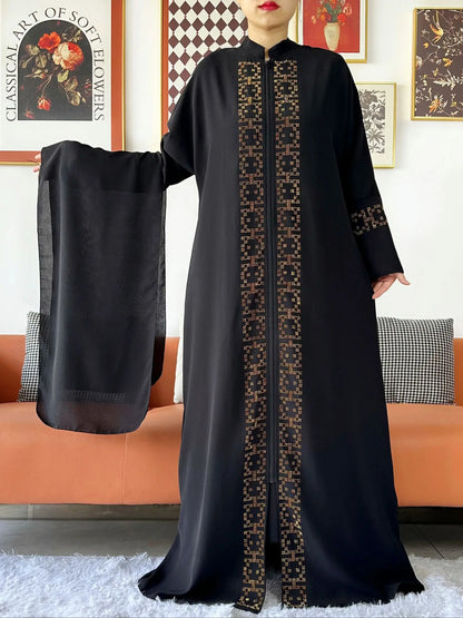 2024 Muslim Ramadan Tranditional Turtleneck Long Sleeve Dress Women Cardigan Open Abaya Dubai Caftan Islamic Kimono Clothes.