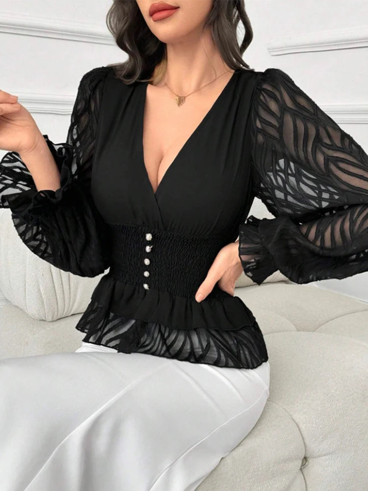 Women's Elegant and Fashionable V Neck Lantern Sleeve Waist Shirt.