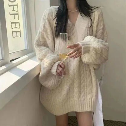 Herbst Winter Frauen Pullover Harajuku Übergroßen Gestrickte Pullover Koreanische Langarm V-ausschnitt Strickwaren Preppy Solide Lose Jumper