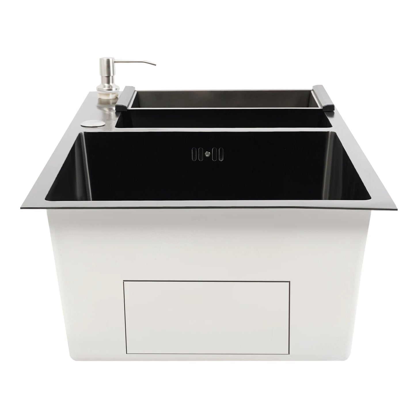 Doppelschüssel-Küchenspüle mit Seifenspender, Abflusskorb, Rohre, Edelstahl 304, 78 x 43 x 22 cm, zusätzliche Aufbewahrung für Restaurants