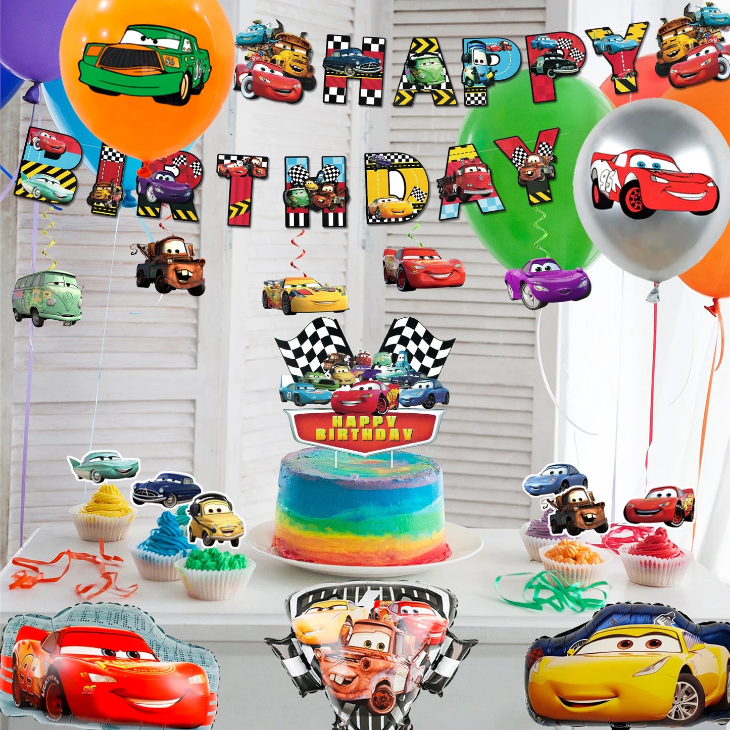 Lightning McQueen Partydekorationen, 38 Stück Lightning McQueen Partyzubehör – Auto-Banner, Tischdecke, Ballon usw. Partyzubehör für Autos.