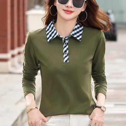 European station lapel long sleeved t-shirt women's new high-end fashion light luxury casual plus size spring and autumn top