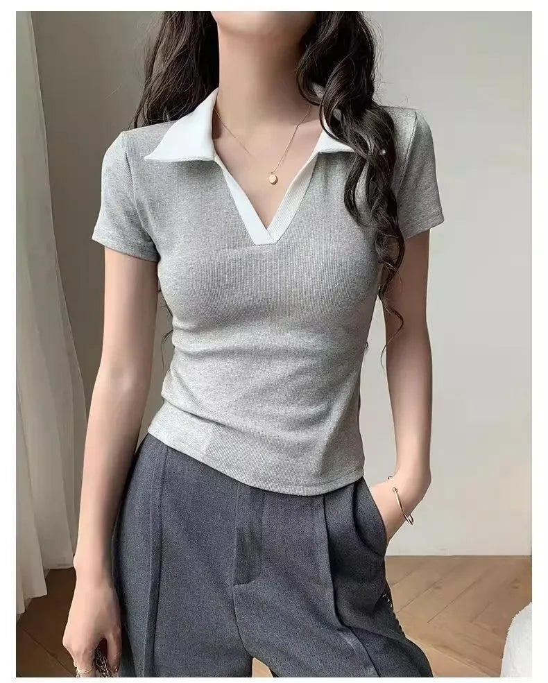 Chic Polo Collar Short Sleeve T-Shirt Women Summer New Design Unique Flip Collar Top Cotton Regular Sleeve Crew Neck T-shirt.