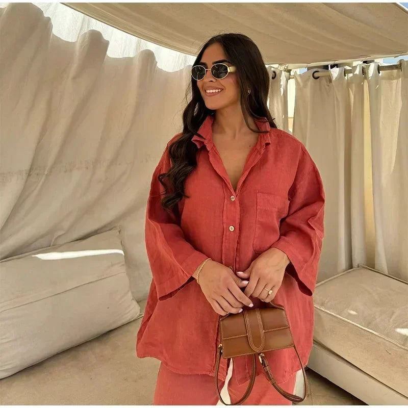 Women Vintage Solid Loose Pants Suit Lapel Single Breasted Long Sleeve Shirt Wide Leg Pants 2 Pcs Set 2025 New Ladies Streetwear.