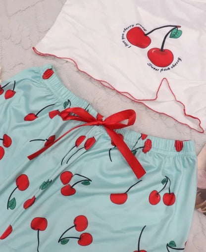 Y2K Coquette Cherry Print Pyjama Set Damen Cami Crop Top Hosen Zweiteilige Nachtwäsche Loungewear Sommer Frühling Herbst Outfits