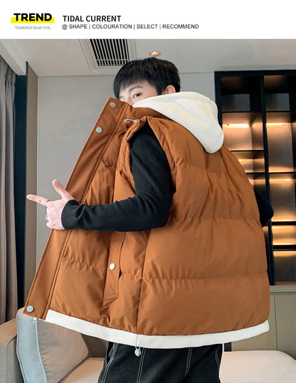 Men Windproof Hooded Vest Men Jacket Sleeveless Vest Winter Jacket Casual Coat Men Down Cotton Warm Thicken Waistcoat Thick Coat.