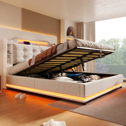 140*200cm Polsterbett mit LED-Lichtleiste und mehreren Ablagefächern, für Schlafzimmerwäsche, Beige (ohne Matratze)