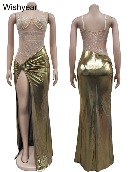 Wisheyar elegante Promi Glitter Metallic Silber Geburtstag lange Kleider Frauen ärmellose Front Split Luxus Geburtstag Vestidos.
