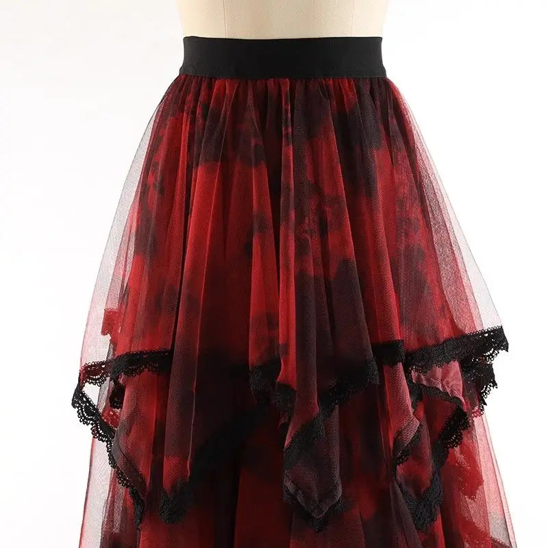Irregular Hem Lace Cake Mesh Midi Long Skirt High Elastic Waist Ball Gown Harajuku Gothic Cosplay Maxi Skirts Red Party Skater.