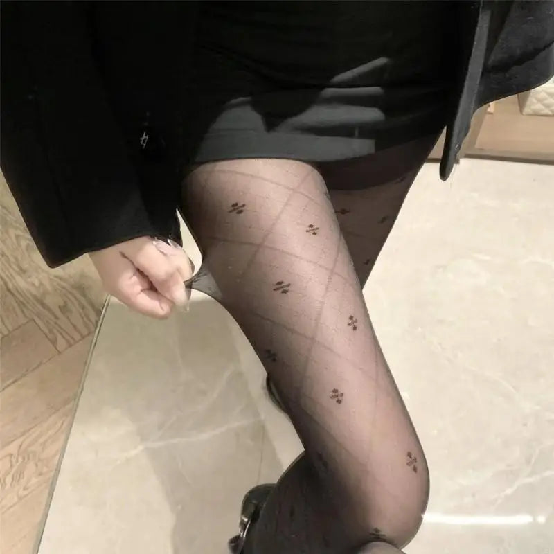 Elegant Four Leaf Jacquard Sheer Pantyhose Soft Stretchy Mesh Tights for Women.