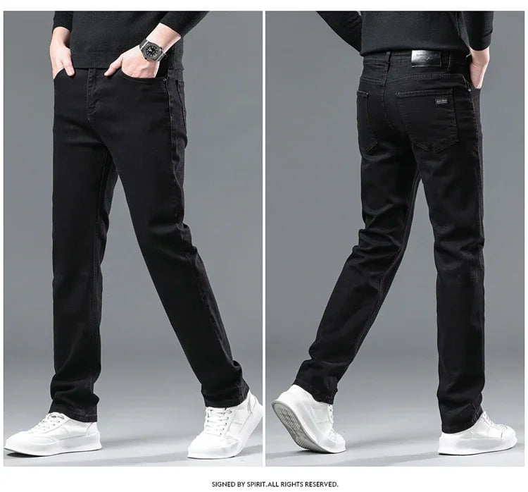 Spring Autumn New Men's Pure Black Slim Jeans Elastic Straight Pants Business Fashion Leisure Korean Vintage Denim Pants Male.