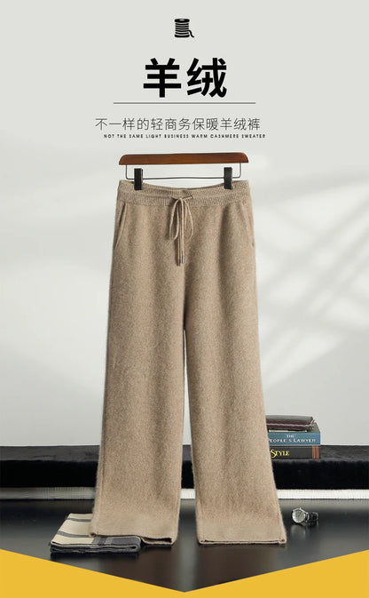 4PINK Thickened 100% Pure Cashmere Pants Men High Waist Knitted Wide Leg Pants Solid Color Lace Up Straight Pants Elastic Waist.