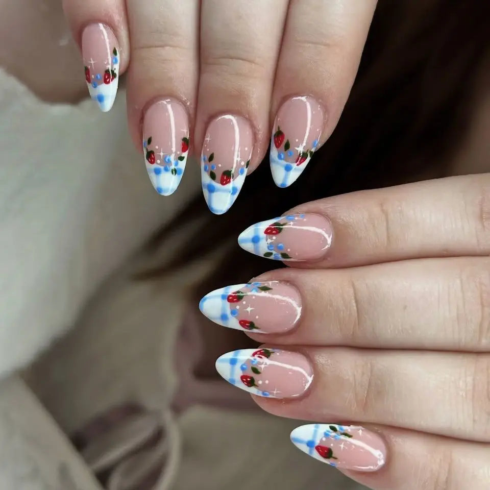 24pcs Vintage Country Style False Nails Cute Cartoon Little Lamb Rabbit Rose Printed Press On Nails Wave Point Bows Fake Nail.