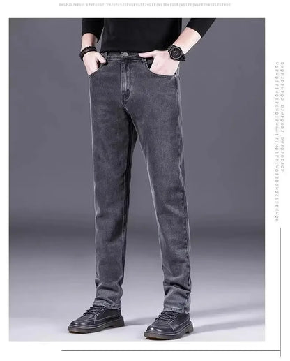 High-End Men's Fleece-Lined Thick Stretchy Straight Leg Jeans 2025 New Style Loose Fit Smoke Grey Trousers for Men.