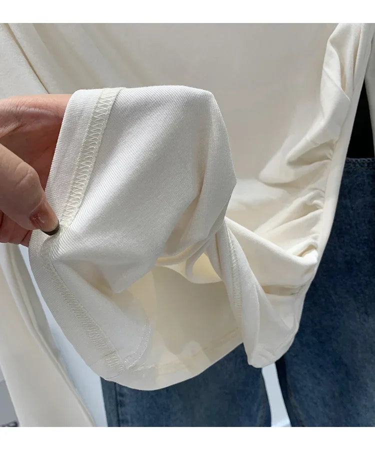 Early Autumn Pure Color High Neck Pleated Slim Fit Sexy Base Shirt Women's Fashionable Crew Neck T-shirt Full Sleeve China Origi.