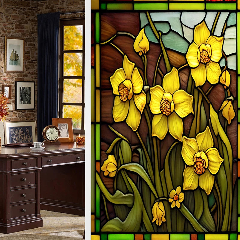 Colorful Retro Flower Bird Window Film PVC Electrostatic Glass Stickers Stained Window Films Static Cling Frosted Glass Film.