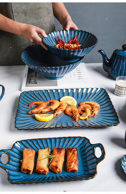 Retro Household Ceramic Tableware Kiln Variable Glaze Western Plate Creative Long Plate Main Dish Dinner Plate Kitchen Supplies.