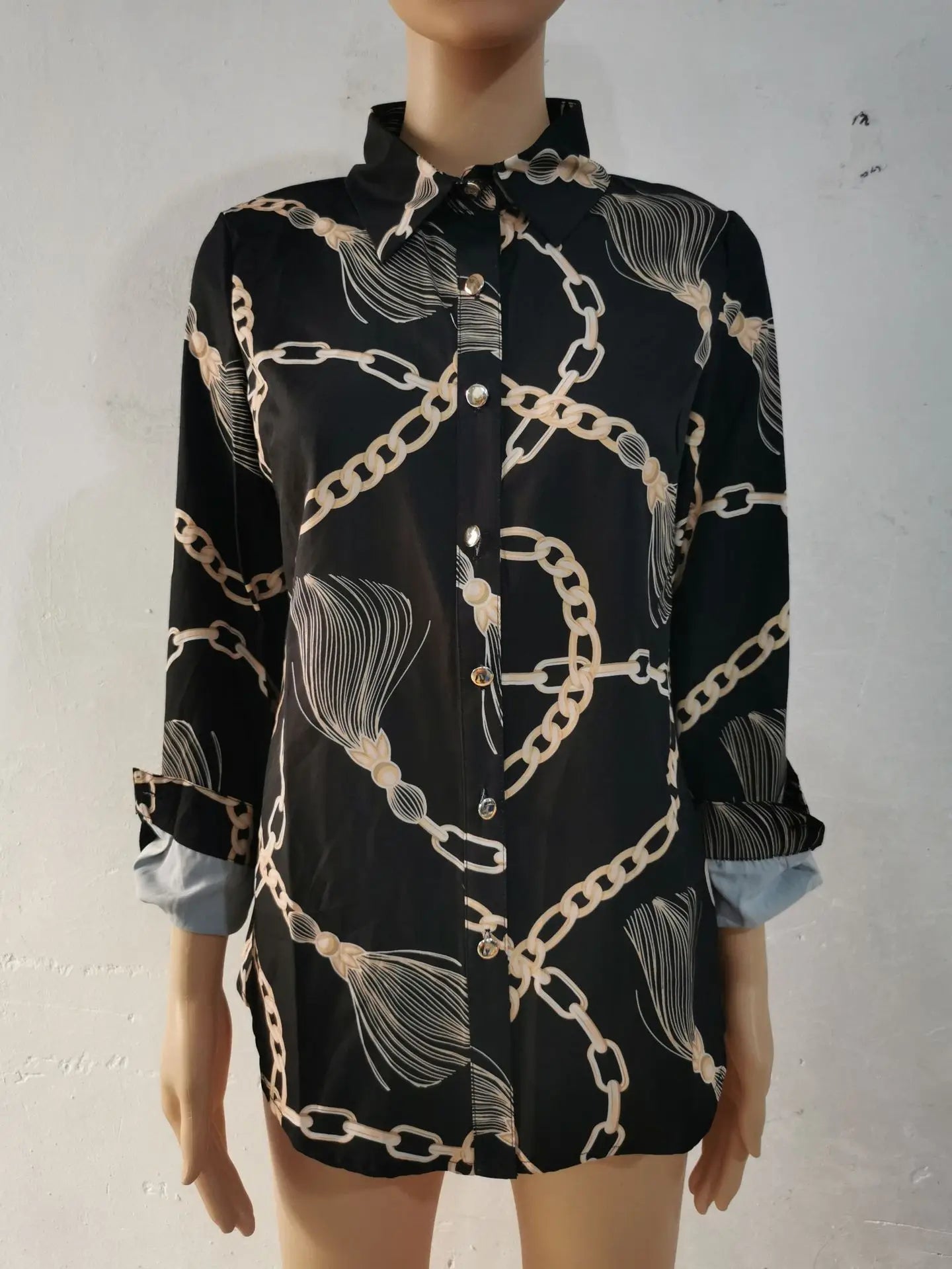 Blue Women's Long-sleeved Shirt, Single-breasted Collar Commuter Shirts, White and Black Slim-fit Top.