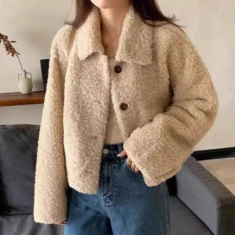 Frauen Herbst Winter Doppel Fleece Warme Verdicken Jacke drehen-unten Einreiher Kurze Oberbekleidung Lose Mode Lässig Mantel.