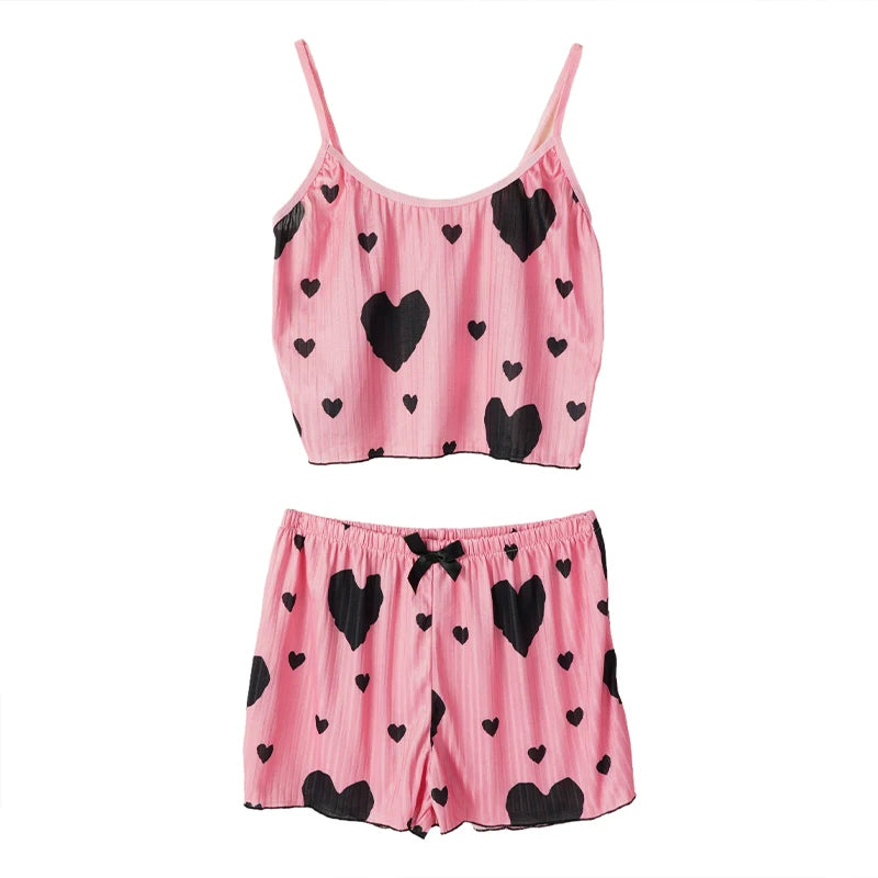 Damen-Pyjama-Set mit Herz-Print, süßes sexy Straps-Top, Shorts, lässiges Heim-Nachtwäsche-Set, bequeme Baumwoll-Loungewear.