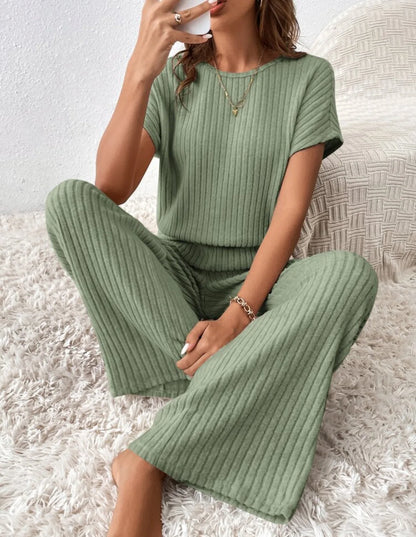 Two Piece Pant Sets Women Straight Pants Tops Pullover Short Sleeve Round Neck Spliced Top Solid Casual Streetwear Summer.