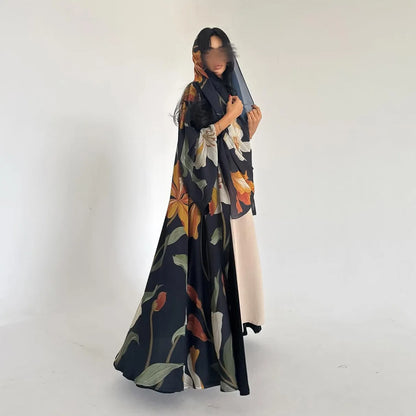 Uni Dubai Fashion Floral Print Open Abaya Muslim Elegant Cardigan With Hijab Scarf 2025 Feminine Clothes.