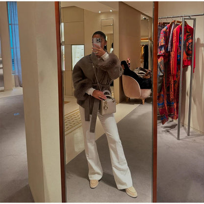 Frauen Mäntel Elegante Revers Plüsch Mit Gürtel Faux Pelz Hülse Tweed Offenen Mantel Weibliche 2025, Herbst Winter Mode Dame streetwear.