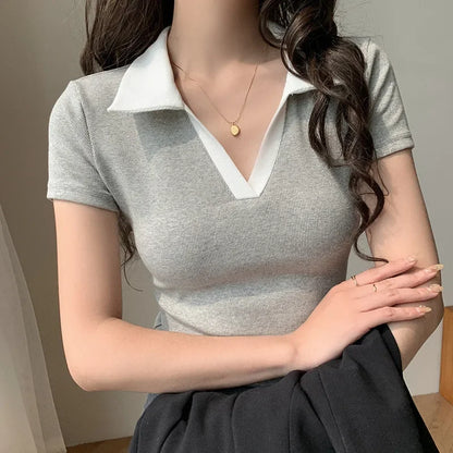 Chic Short Sleeve Polo Neck T-Shirt Women's Summer New Design Sensation Gexuan Fashionable Flip Collar Shoulder Length.